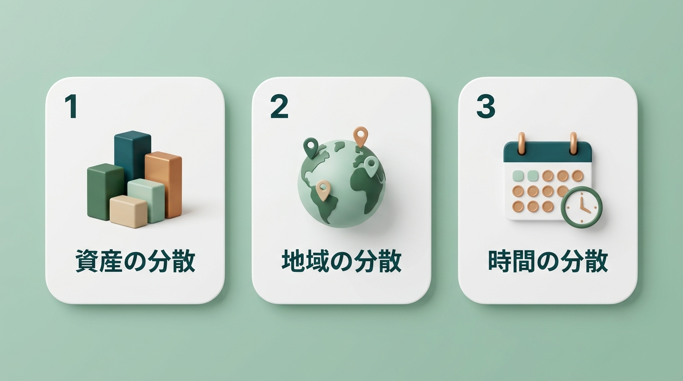 資産の分散・地域の分散・時間の分散という3つの分散を示した図