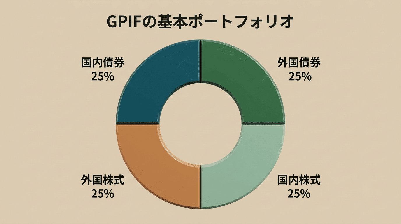 GPIFの基本ポートフォリオ:国内債券・外国債券・国内株式・外国株式を各25%とする円グラフ