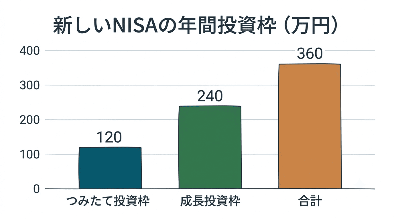 新しいNISAの年間投資枠:つみたて投資枠120万円、成長投資枠240万円、合計360万円の棒グラフ