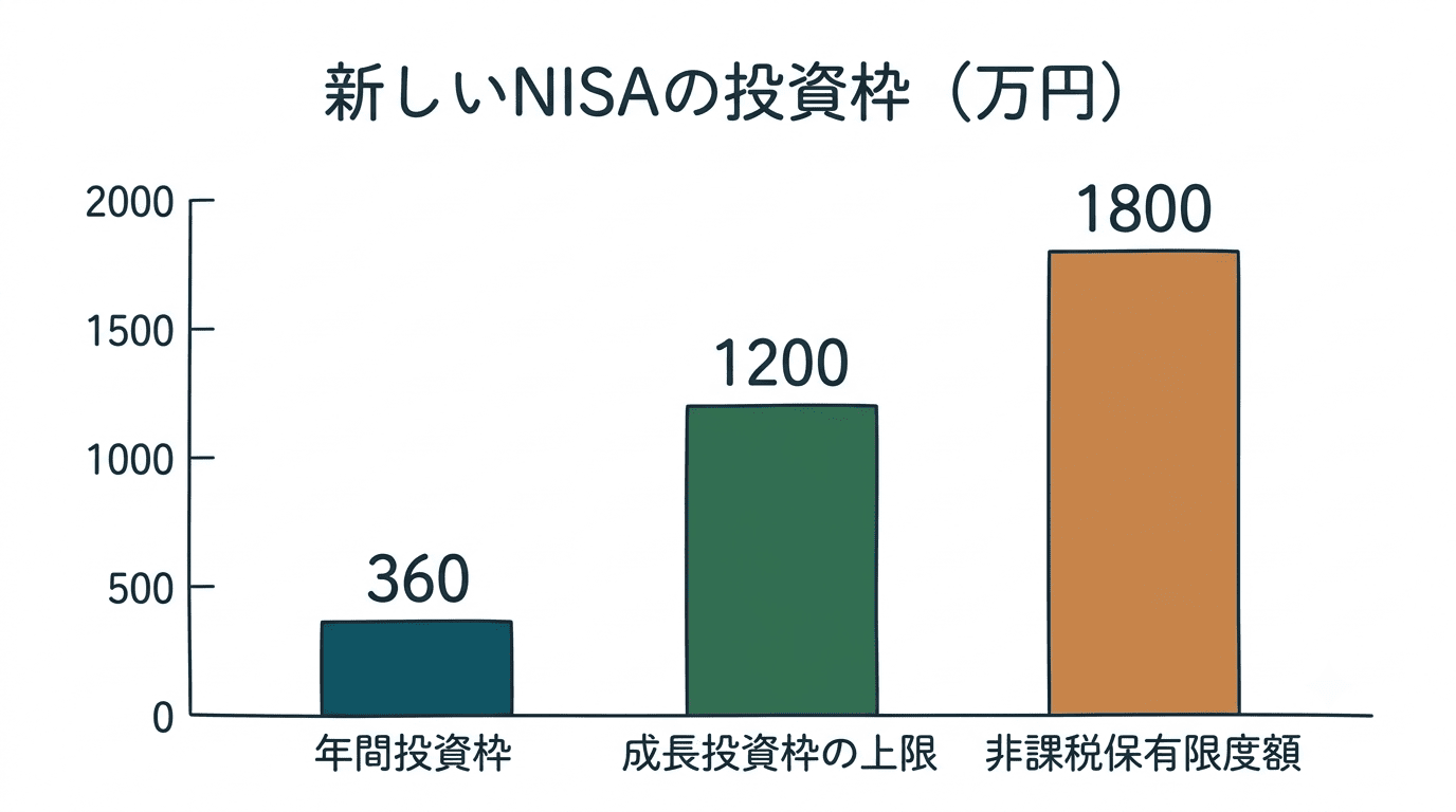 新しいNISAの投資枠の棒グラフ:年間投資枠360万円、成長投資枠の上限1,200万円、非課税保有限度額1,800万円