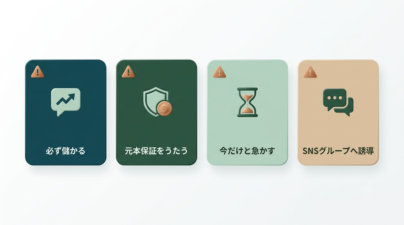 危険なサイン:必ず儲かる、元本保証をうたう、今だけと急かす、SNSグループへ誘導