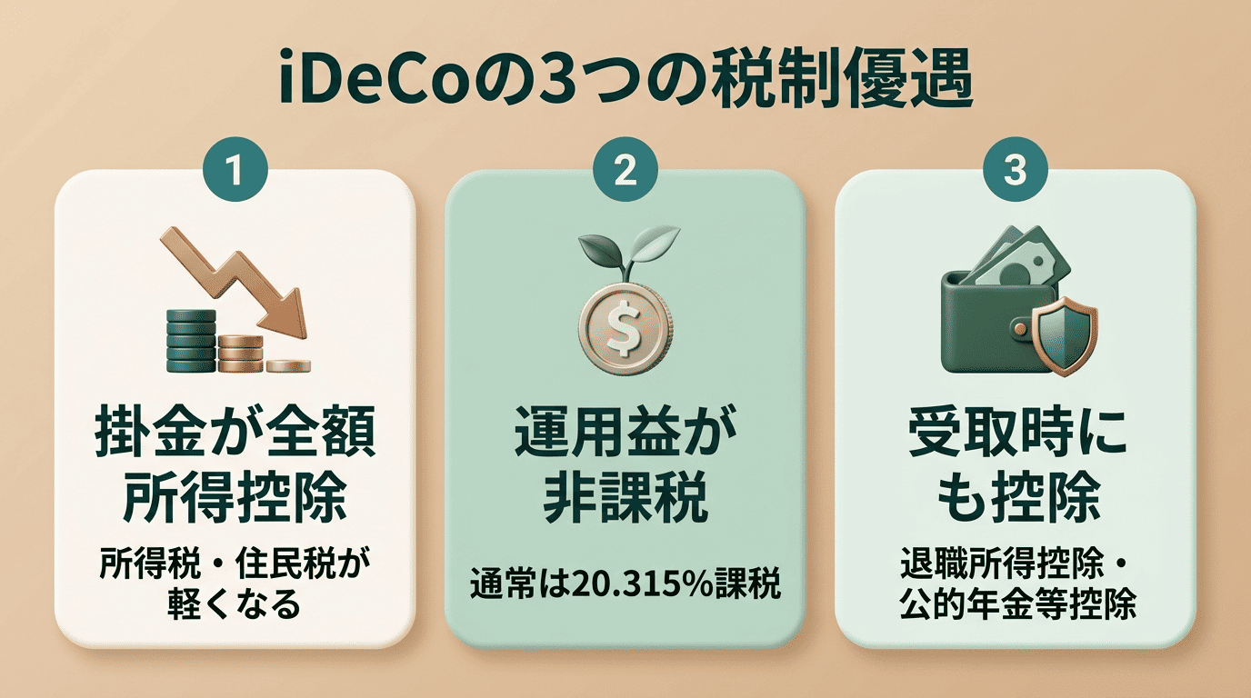 iDeCoの3つの税制優遇：掛金が全額所得控除、運用益が非課税、受取時にも控除