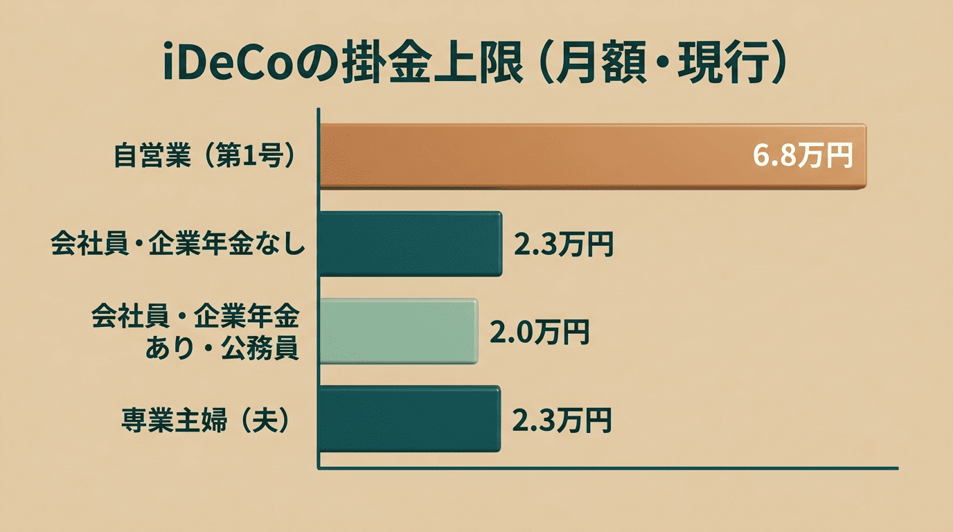 iDeCoの掛金上限（月額・現行）の棒グラフ：自営業6.8万円、企業年金なし2.3万円、企業年金あり・公務員2.0万円、専業主婦2.3万円