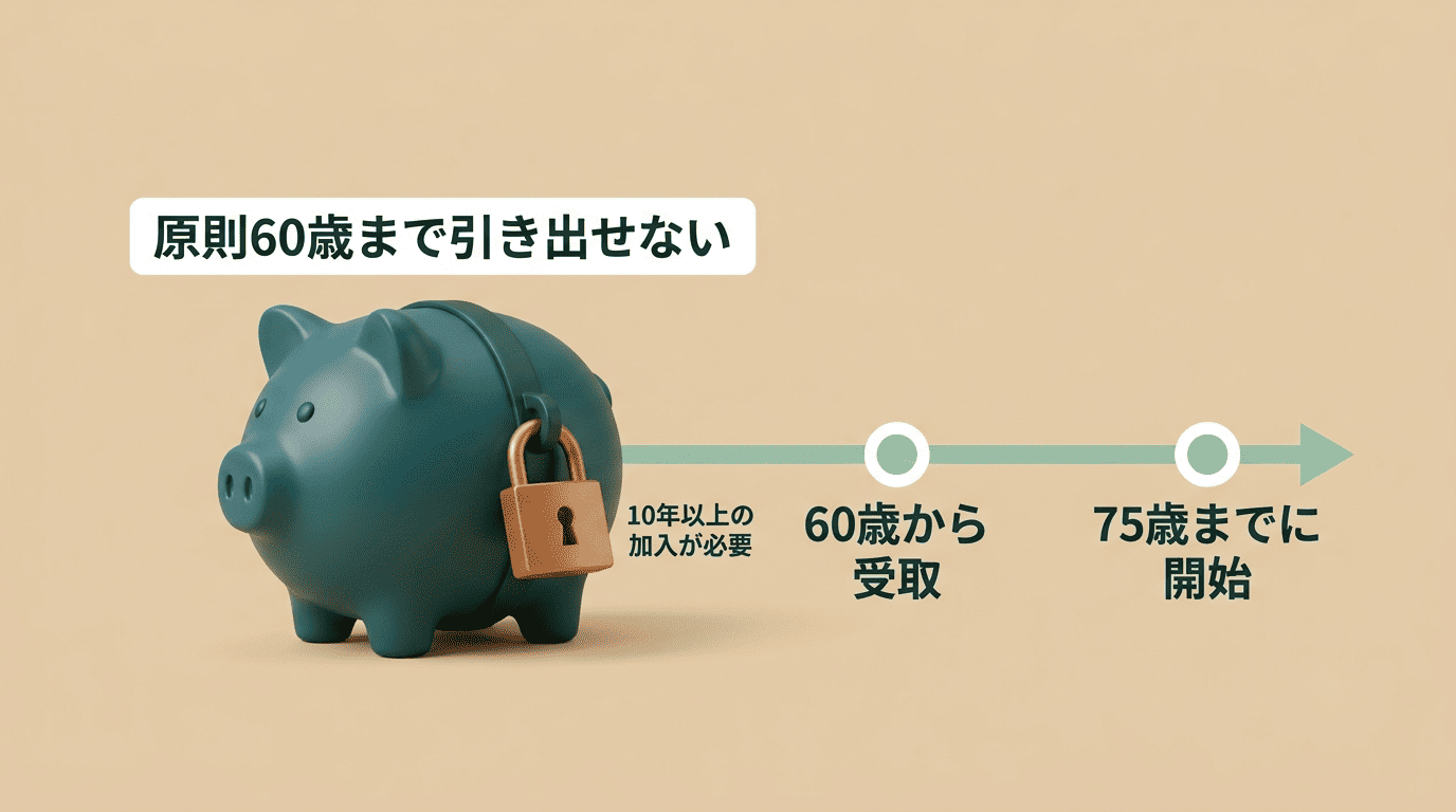 iDeCoは原則60歳まで引き出せず、受取は60歳から75歳までに開始、10年以上の加入が必要