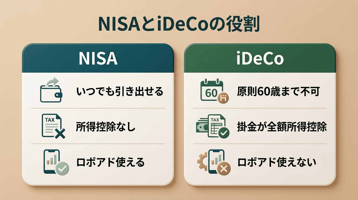 NISAとiDeCoの役割比較：引き出し・所得控除・ロボアド対応の違い