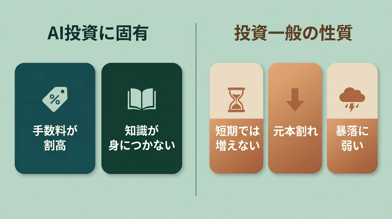「儲からない」5つの理由の分類図。AI投資固有は手数料と知識の2つ、残る3つ(短期・元本割れ・暴落)は投資一般の性質