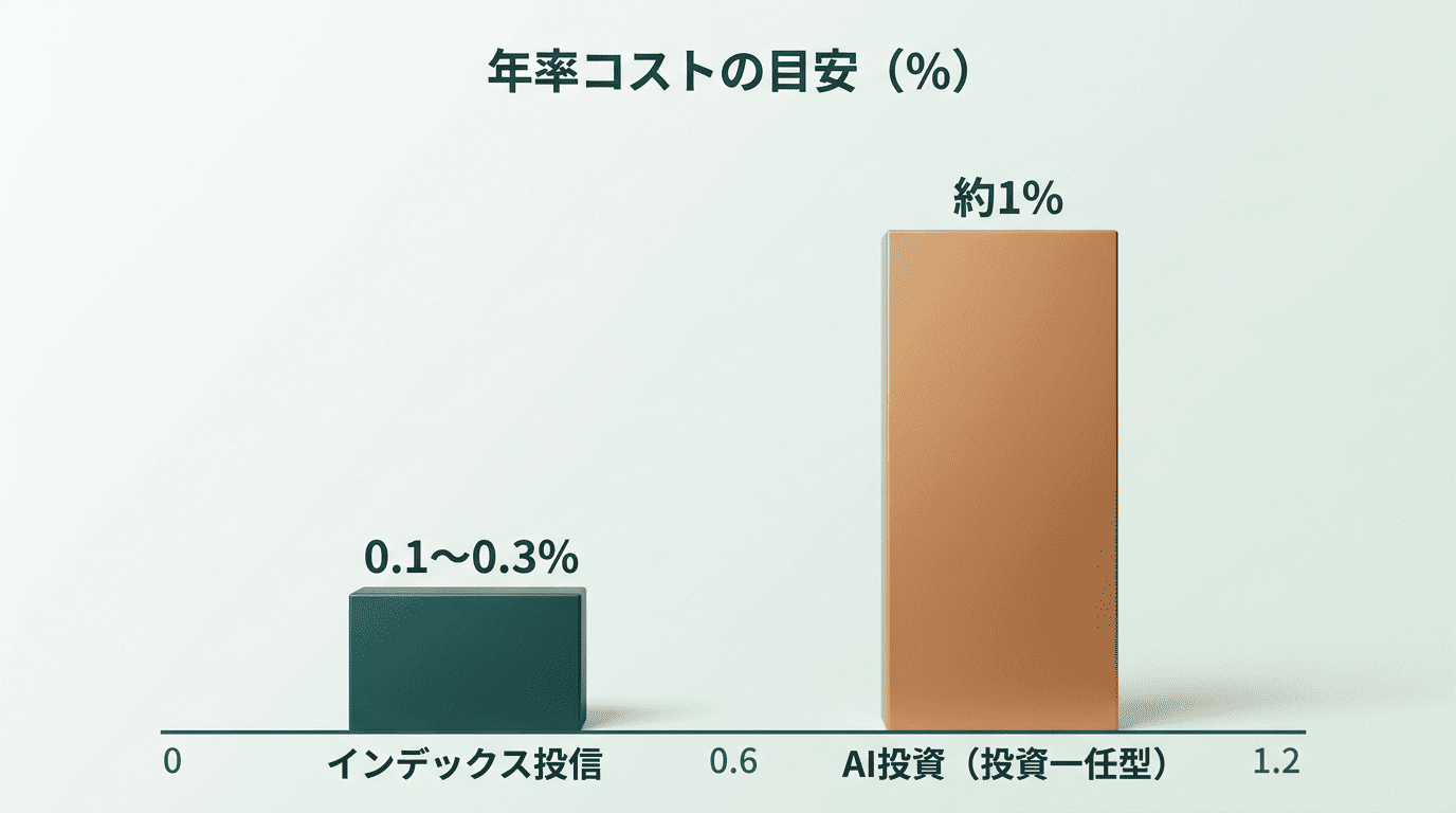 年率コストの目安の比較グラフ。インデックス投信の信託報酬0.1〜0.3%に対し、AI投資(投資一任型)は約1%