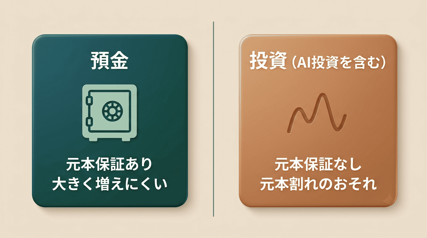 預金と投資の比較図。預金は元本保証あり、投資(AI投資を含む)は元本保証なしで元本割れのおそれがある
