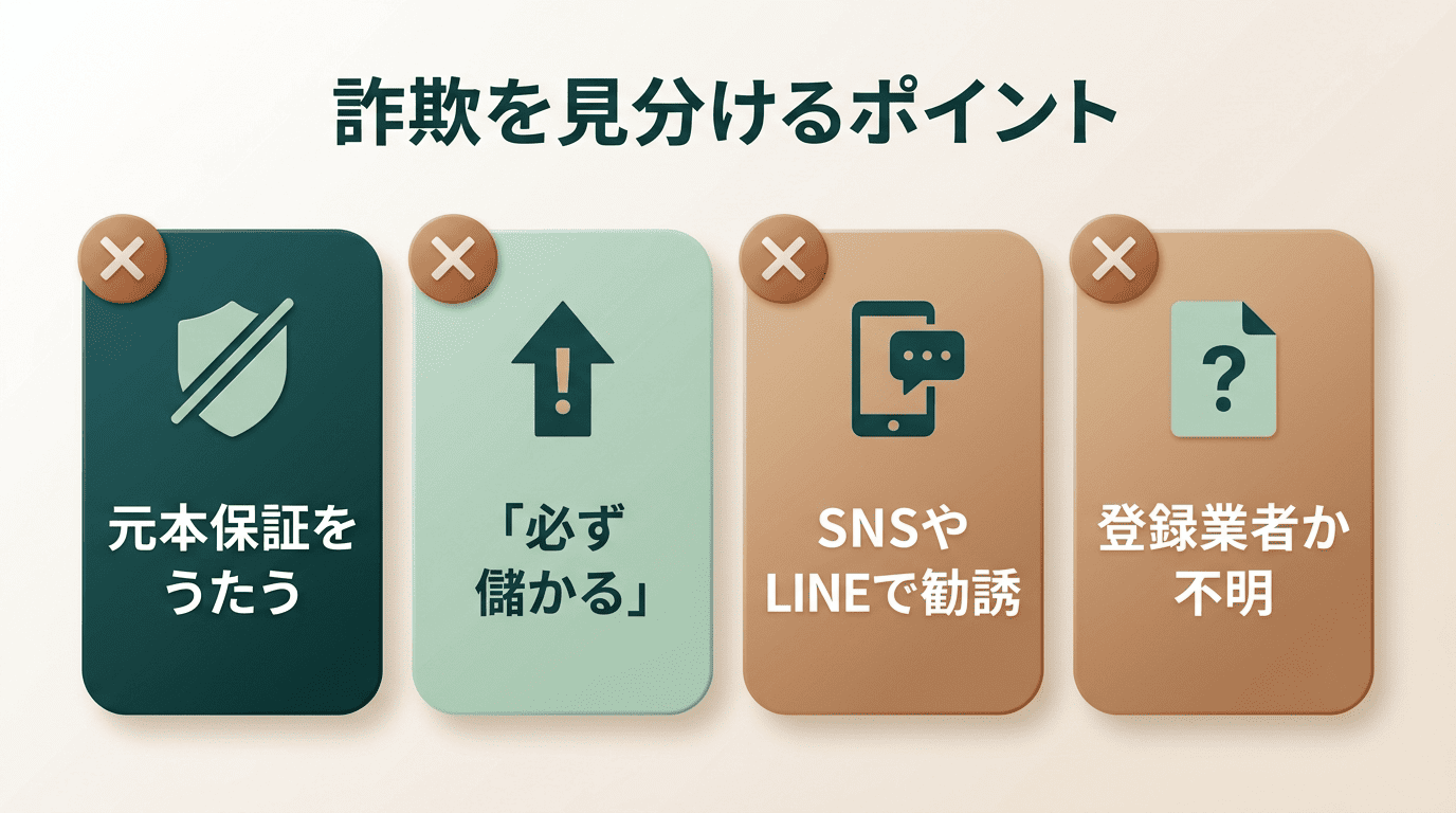 詐欺を見分けるポイントのチェックリスト。元本保証をうたう、「必ず儲かる」、SNSやLINEで勧誘、登録業者か不明