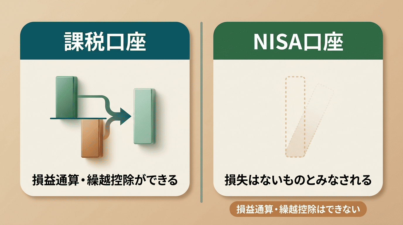 課税口座では損益通算・繰越控除ができるが、NISA口座では損失がないものとみなされる比較図