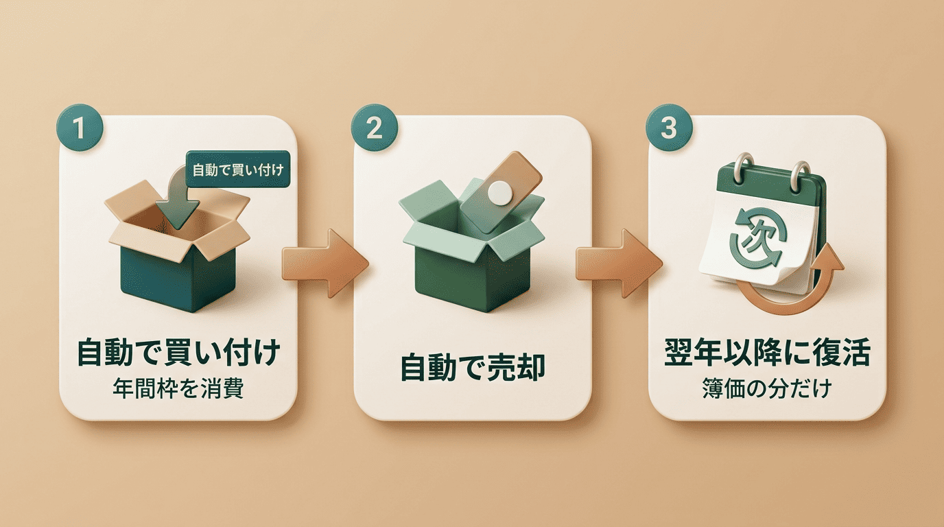 AIが自動で買い付け年間枠を消費し、売却しても復活は翌年以降・簿価の分だけという流れ図