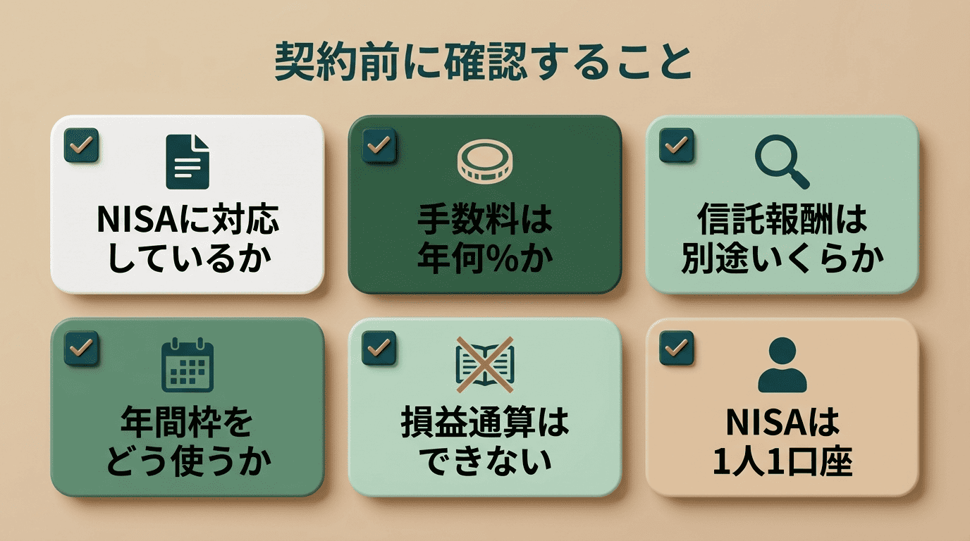 契約前に確認する6項目のチェックリスト:NISA対応、手数料、信託報酬、年間枠、損益通算、1人1口座