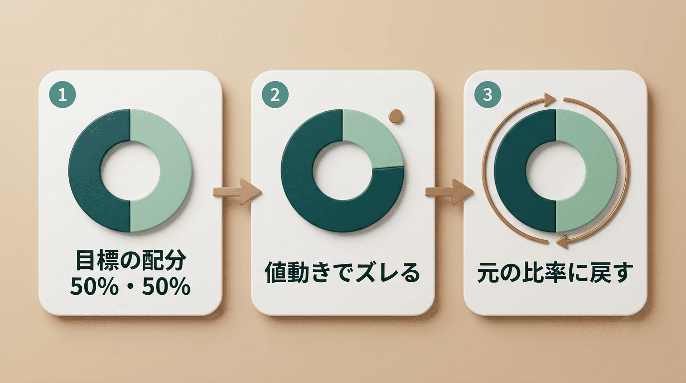 目標の配分がズレて元の比率に戻すまで、リバランスの3ステップ図解