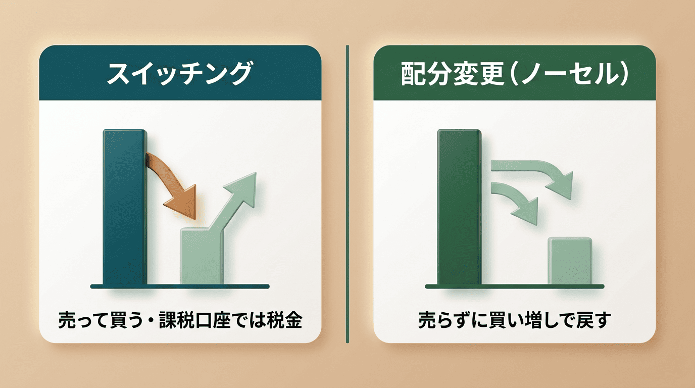 スイッチング(売って買う)と配分変更(ノーセル・買い増しで戻す)の比較図