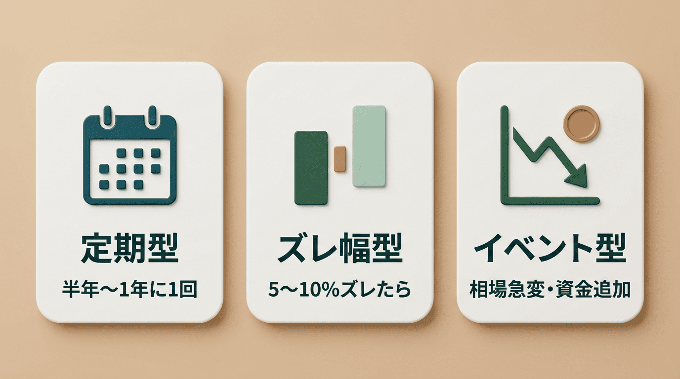 自動リバランスの3つのトリガー:定期型(半年〜1年に1回)、ズレ幅型(5〜10%)、イベント型