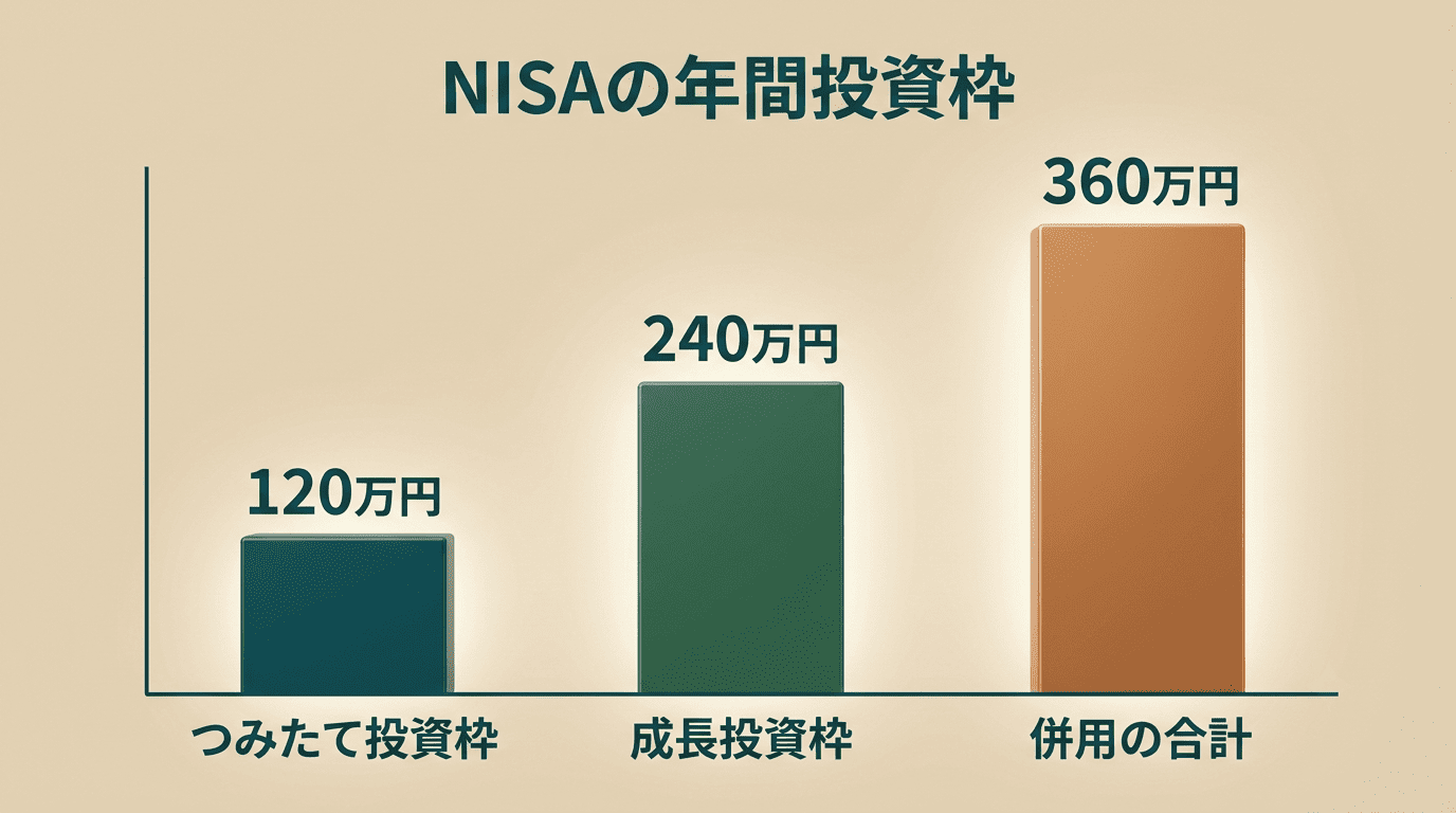 NISAの年間投資枠の棒グラフ:つみたて投資枠120万円、成長投資枠240万円、併用の合計360万円