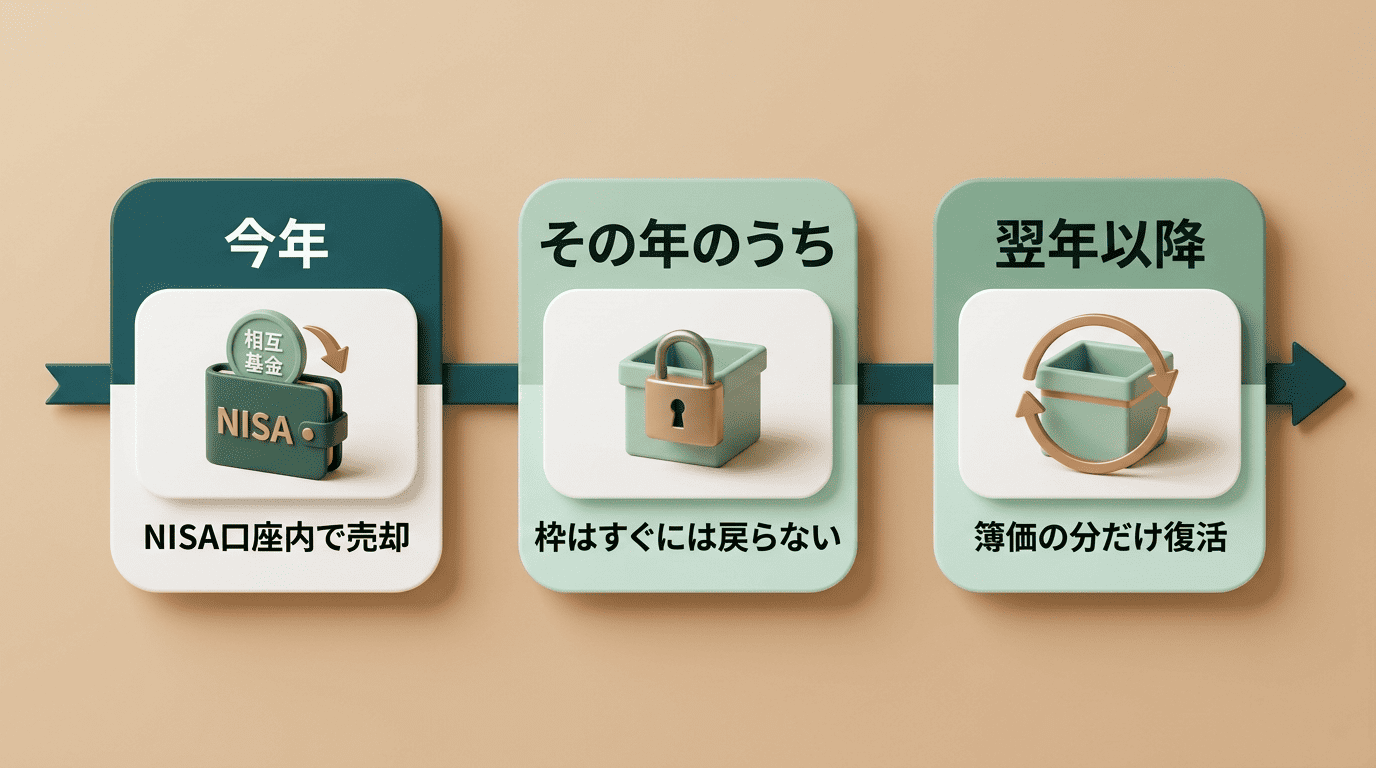 NISA口座で売却した年と翌年以降の非課税枠の動きを示すタイムライン