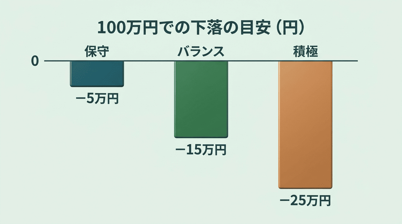 100万円での下落の目安のグラフ。保守で約−5万円、バランスで約−15万円、積極で約−25万円（あくまで単純計算の目安）