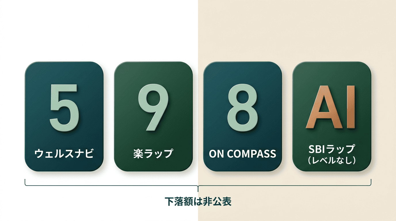 AI投資サービスのリスク許容度の段階数の比較。ウェルスナビ5段階、楽ラップ9コース、ON COMPASS 8レベル、SBIラップはレベルなし。いずれも下落額は非公表