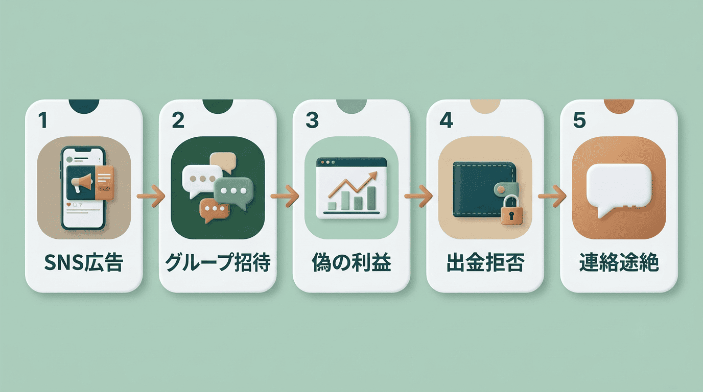 SNS広告から連絡途絶までの投資詐欺の流れを5つの段階で示した図