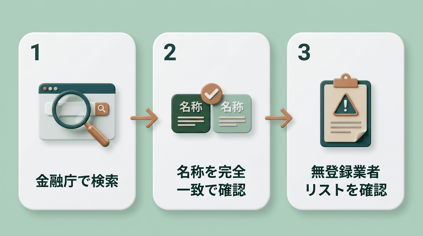 金融庁で業者の登録を確認する3ステップの手順図