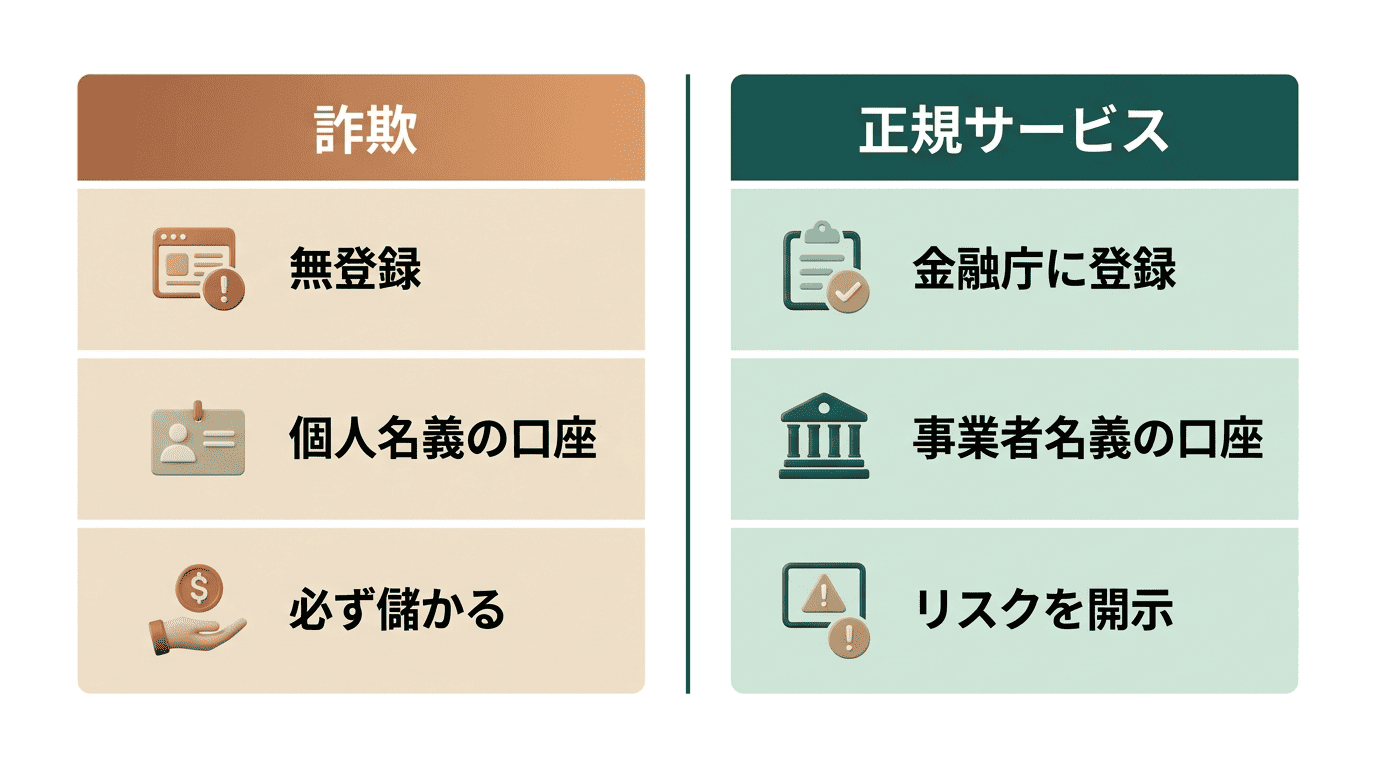 詐欺と正規サービスの違いを登録・入金先・リターンの説明で比較した図