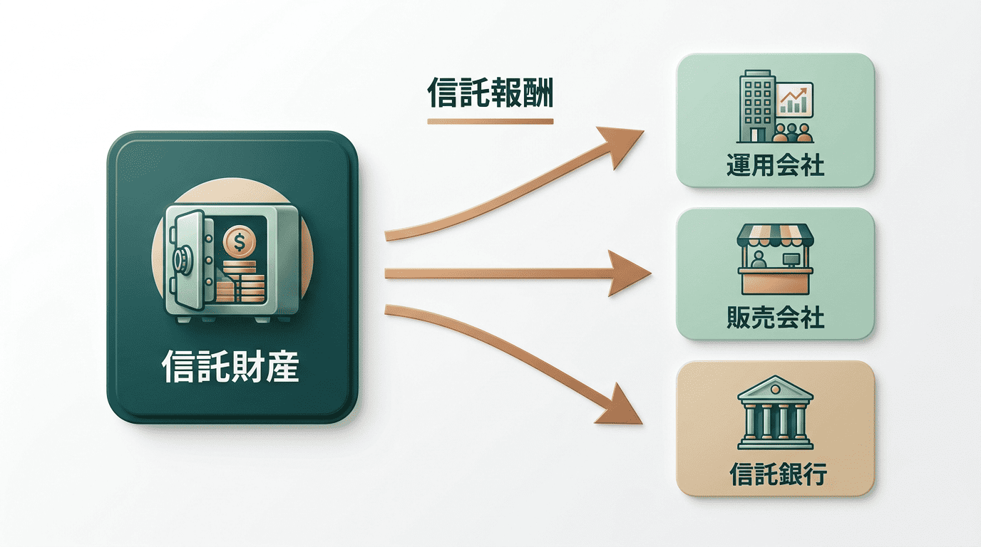 信託財産から信託報酬が運用会社・販売会社・信託銀行の3者に配分される構造図