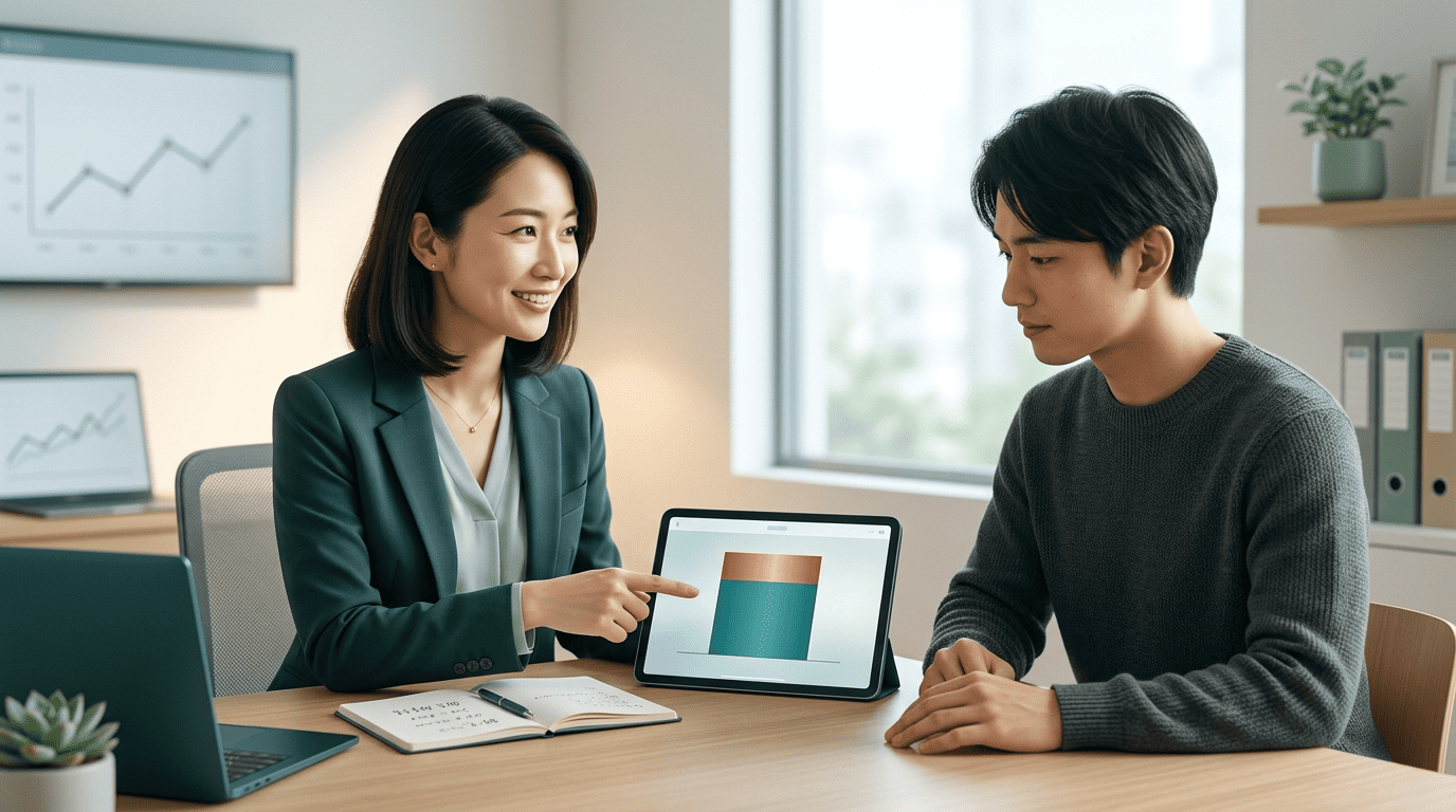 AI投資の手数料の構造を説明するファイナンシャルプランナーと相談者。タブレットには2層に分かれたコストの図が映っている