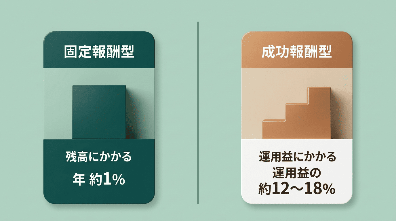 固定報酬型と成功報酬型の比較図。固定報酬型は残高に年約1%、成功報酬型は運用益の約12〜18%