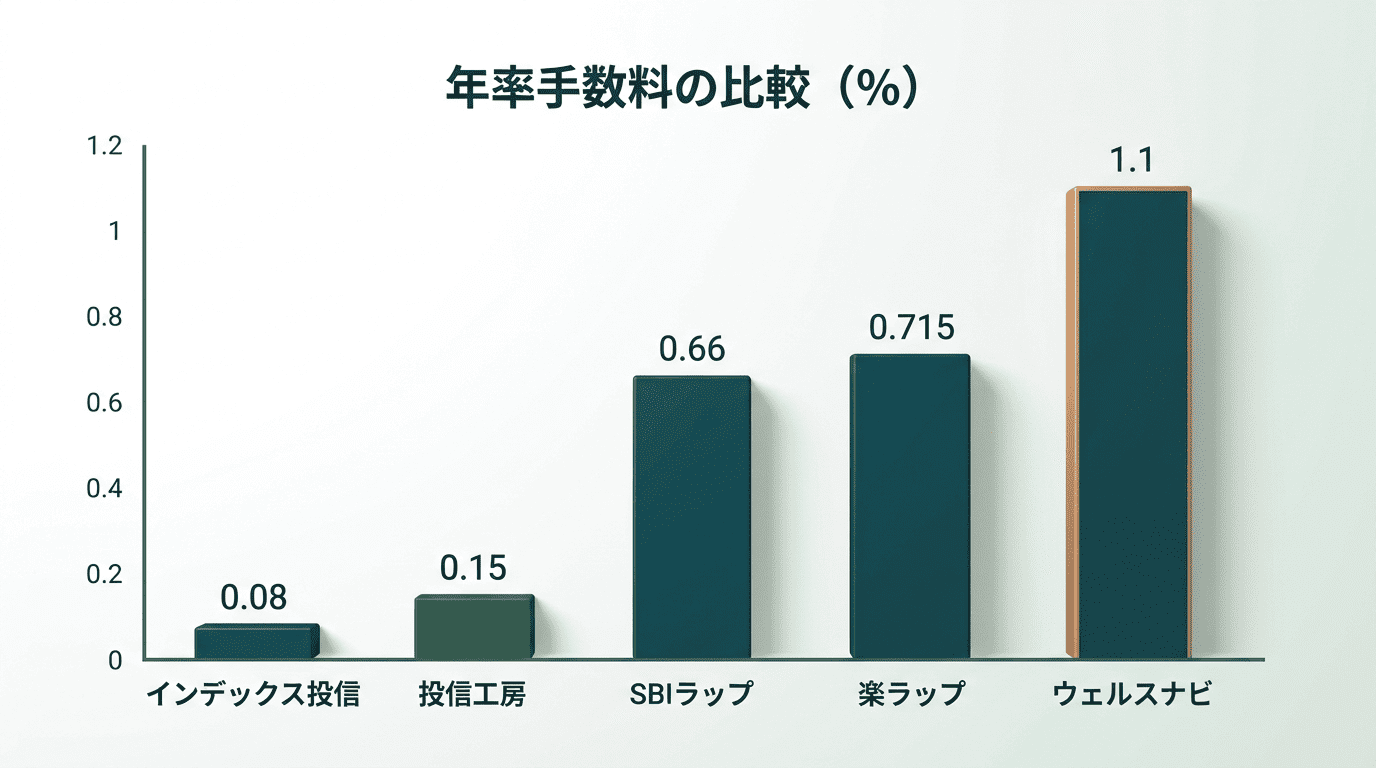 年率手数料の比較グラフ。インデックス投信0.08%、投信工房0.15%、SBIラップ0.66%、楽ラップ0.715%、ウェルスナビ1.1%