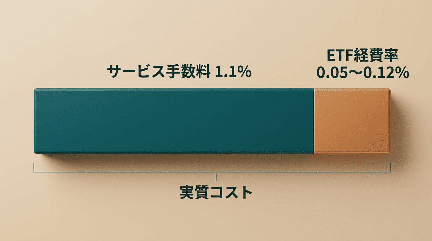 二重コストの図。サービス手数料1.1%の上にETF経費率0.05〜0.12%が乗り、合計が実質コストになる