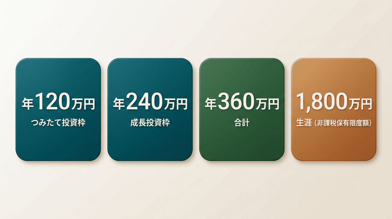 新NISAの投資枠。つみたて投資枠 年120万円、成長投資枠 年240万円、合計 年360万円、生涯の非課税保有限度額1,800万円