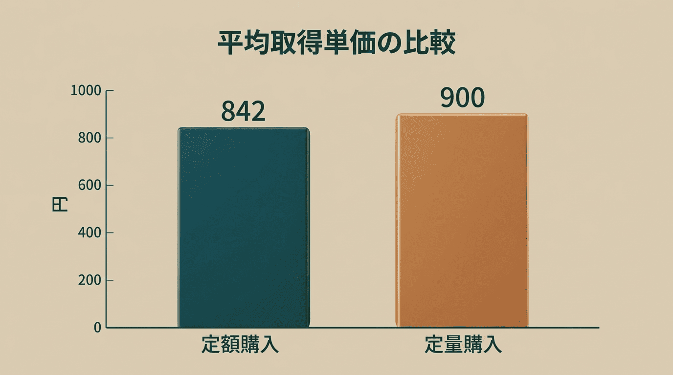 定額購入842円と定量購入900円の平均取得単価を比べた棒グラフ