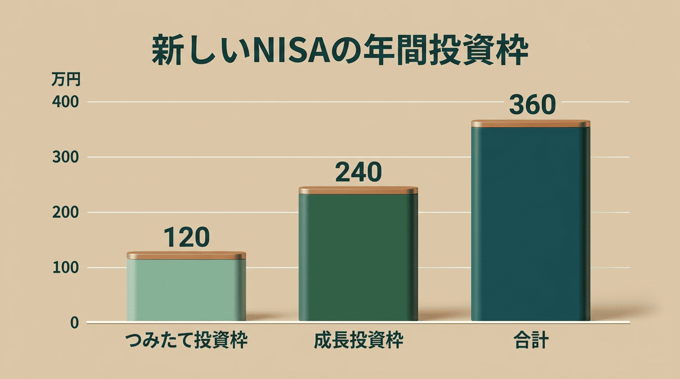 新しいNISAの年間投資枠を示す棒グラフ（つみたて投資枠120万円・成長投資枠240万円・合計360万円）